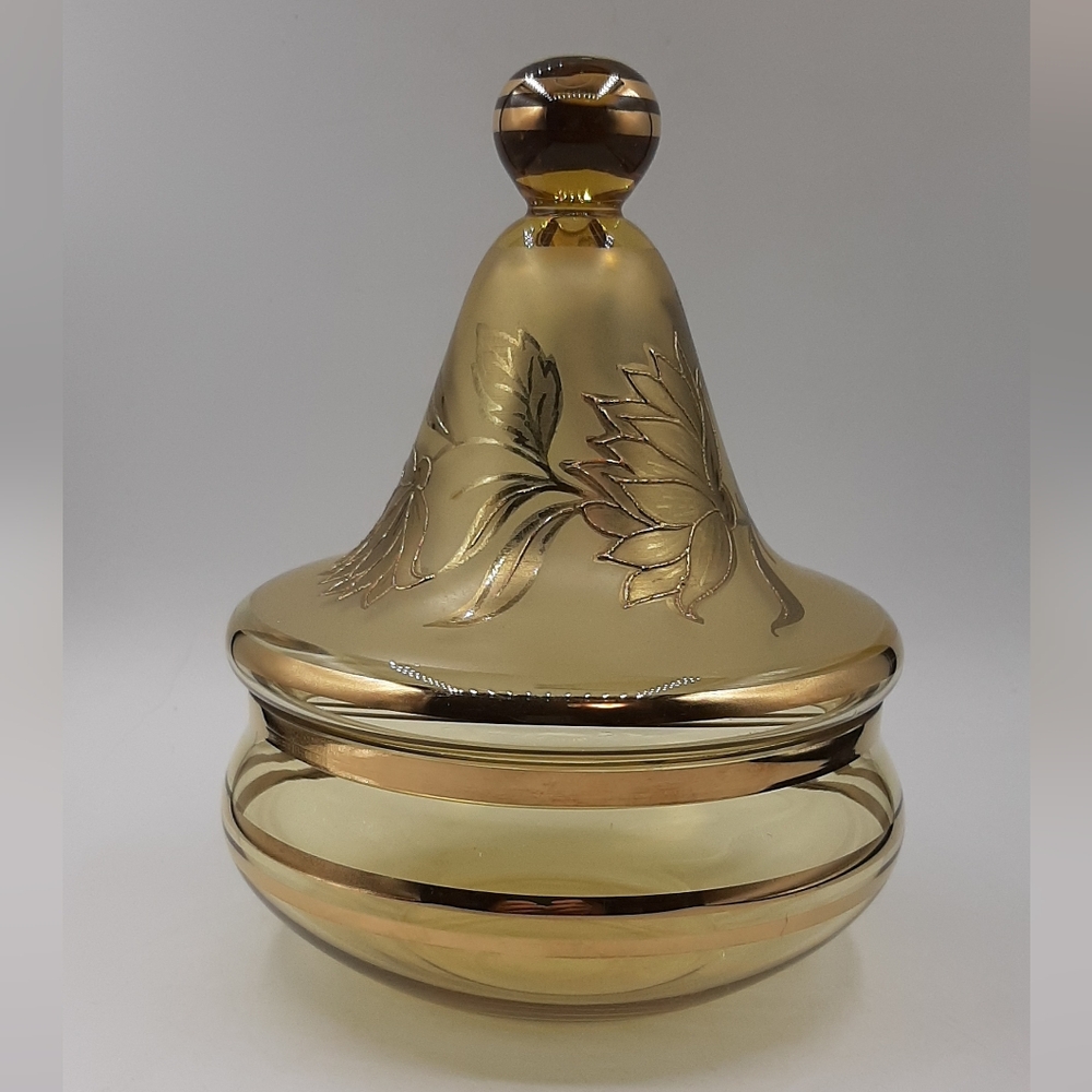 Vintage Amber Glass Heavy Gold Floral Accents Lidded Candy Dish Gold Gilt Band